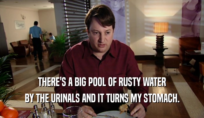 THERE'S A BIG POOL OF RUSTY WATER BY THE URINALS AND IT TURNS MY STOMACH. 