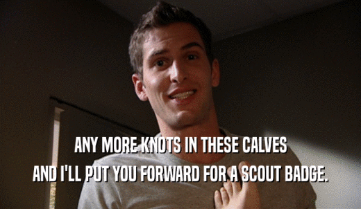 ANY MORE KNOTS IN THESE CALVES AND I'LL PUT YOU FORWARD FOR A SCOUT BADGE. 