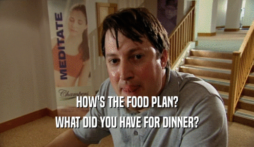 HOW'S THE FOOD PLAN? WHAT DID YOU HAVE FOR DINNER? 
