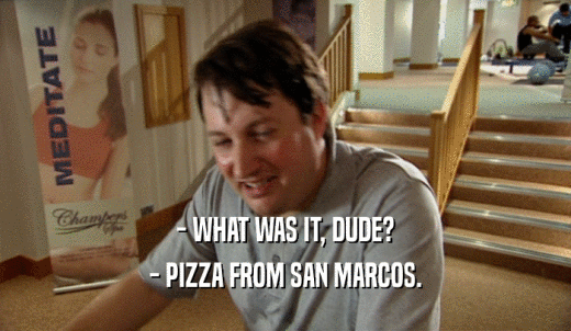 - WHAT WAS IT, DUDE? - PIZZA FROM SAN MARCOS. 