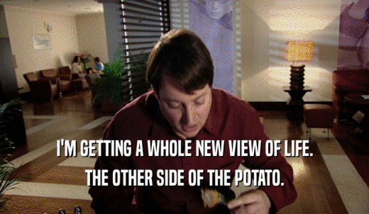 I'M GETTING A WHOLE NEW VIEW OF LIFE. THE OTHER SIDE OF THE POTATO. 