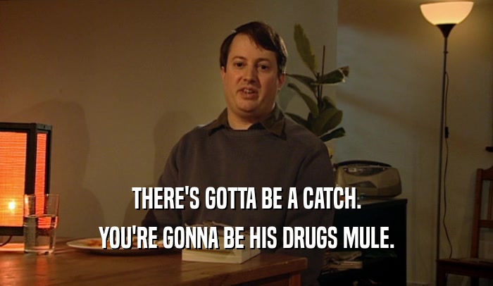 THERE'S GOTTA BE A CATCH. YOU'RE GONNA BE HIS DRUGS MULE. 