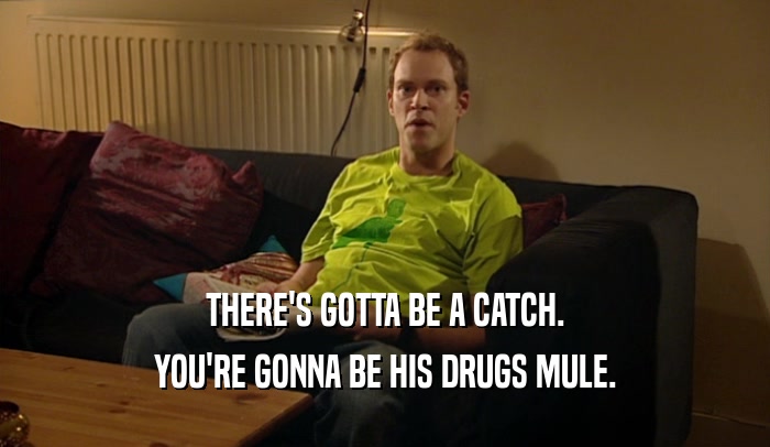 THERE'S GOTTA BE A CATCH. YOU'RE GONNA BE HIS DRUGS MULE. 