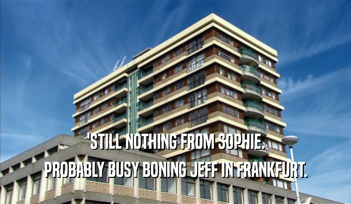 'STILL NOTHING FROM SOPHIE. PROBABLY BUSY BONING JEFF IN FRANKFURT. 