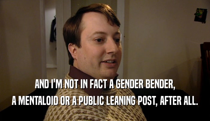 AND I'M NOT IN FACT A GENDER BENDER,
 A MENTALOID OR A PUBLIC LEANING POST, AFTER ALL.
 