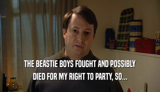 THE BEASTIE BOYS FOUGHT AND POSSIBLY DIED FOR MY RIGHT TO PARTY, SO... 