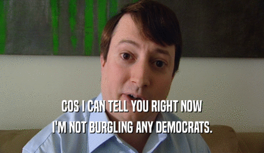 COS I CAN TELL YOU RIGHT NOW I'M NOT BURGLING ANY DEMOCRATS. 