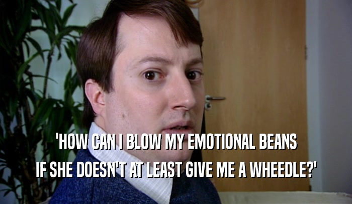 'HOW CAN I BLOW MY EMOTIONAL BEANS IF SHE DOESN'T AT LEAST GIVE ME A WHEEDLE?' 