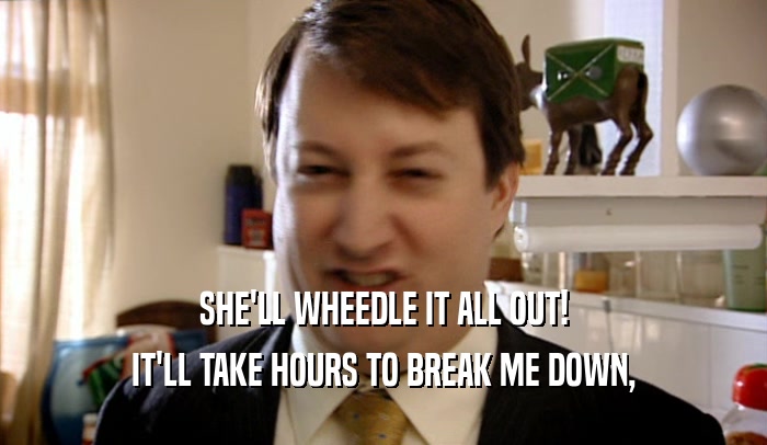 SHE'LL WHEEDLE IT ALL OUT! IT'LL TAKE HOURS TO BREAK ME DOWN, 