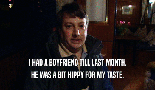 I HAD A BOYFRIEND TILL LAST MONTH. HE WAS A BIT HIPPY FOR MY TASTE. 