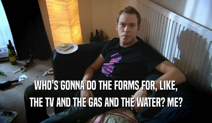 WHO'S GONNA DO THE FORMS FOR, LIKE, THE TV AND THE GAS AND THE WATER? ME? 