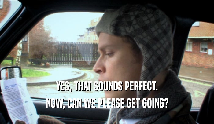 YES, THAT SOUNDS PERFECT. NOW, CAN WE PLEASE GET GOING? 