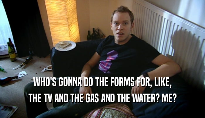 WHO'S GONNA DO THE FORMS FOR, LIKE, THE TV AND THE GAS AND THE WATER? ME? 