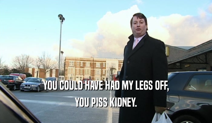 YOU COULD HAVE HAD MY LEGS OFF,
 YOU PISS KIDNEY.
 