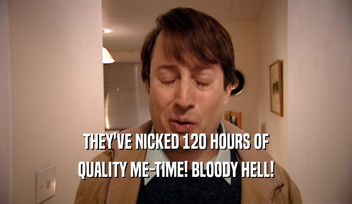 THEY'VE NICKED 120 HOURS OF
 QUALITY ME-TIME! BLOODY HELL!
 