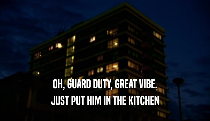 OH, GUARD DUTY, GREAT VIBE. JUST PUT HIM IN THE KITCHEN 