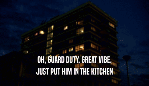 OH, GUARD DUTY, GREAT VIBE. JUST PUT HIM IN THE KITCHEN 