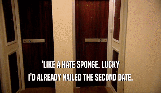 'LIKE A HATE SPONGE. LUCKY I'D ALREADY NAILED THE SECOND DATE. 