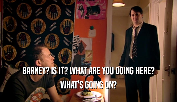 BARNEY? IS IT? WHAT ARE YOU DOING HERE? WHAT'S GOING ON? 