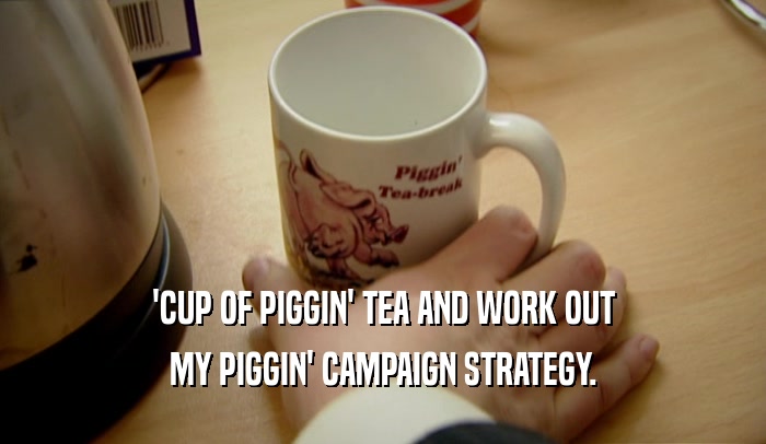 'CUP OF PIGGIN' TEA AND WORK OUT MY PIGGIN' CAMPAIGN STRATEGY. 