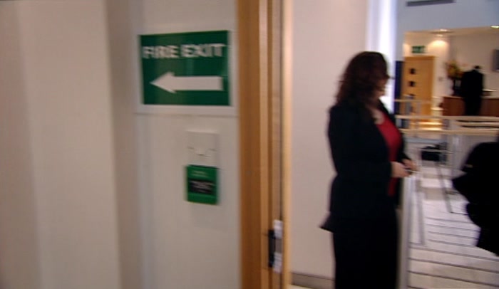 'FIRE EXIT. COULD BUST OUT HERE AND OUT INTO THE CAR PARK. 