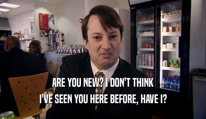 ARE YOU NEW? I DON'T THINK I'VE SEEN YOU HERE BEFORE, HAVE I? 