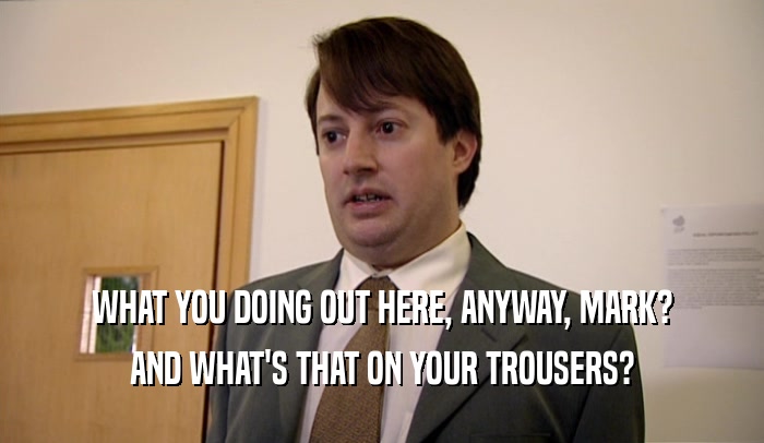 WHAT YOU DOING OUT HERE, ANYWAY, MARK? AND WHAT'S THAT ON YOUR TROUSERS? 
