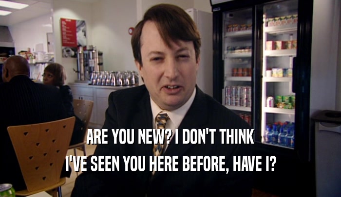 ARE YOU NEW? I DON'T THINK I'VE SEEN YOU HERE BEFORE, HAVE I? 