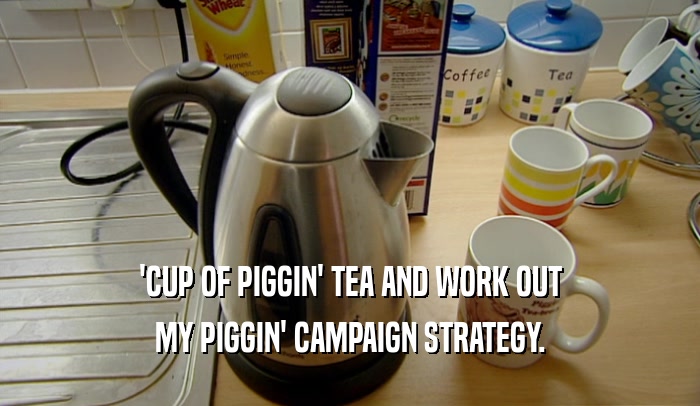 'CUP OF PIGGIN' TEA AND WORK OUT MY PIGGIN' CAMPAIGN STRATEGY. 