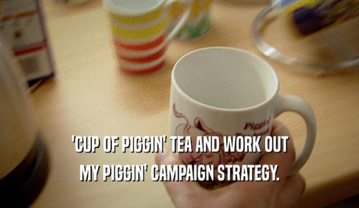 'CUP OF PIGGIN' TEA AND WORK OUT MY PIGGIN' CAMPAIGN STRATEGY. 