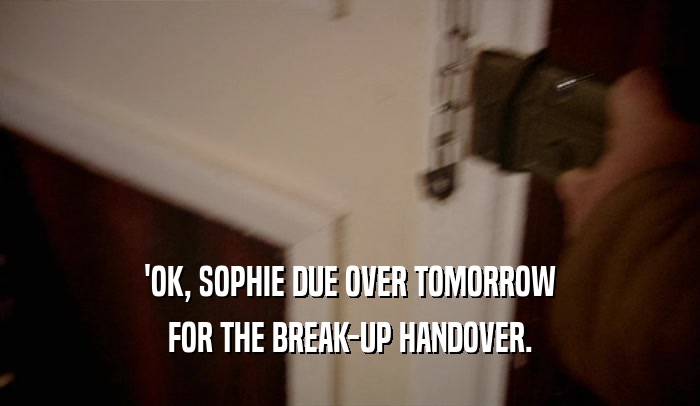 'OK, SOPHIE DUE OVER TOMORROW FOR THE BREAK-UP HANDOVER. 