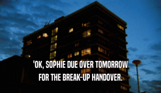 'OK, SOPHIE DUE OVER TOMORROW FOR THE BREAK-UP HANDOVER. 
