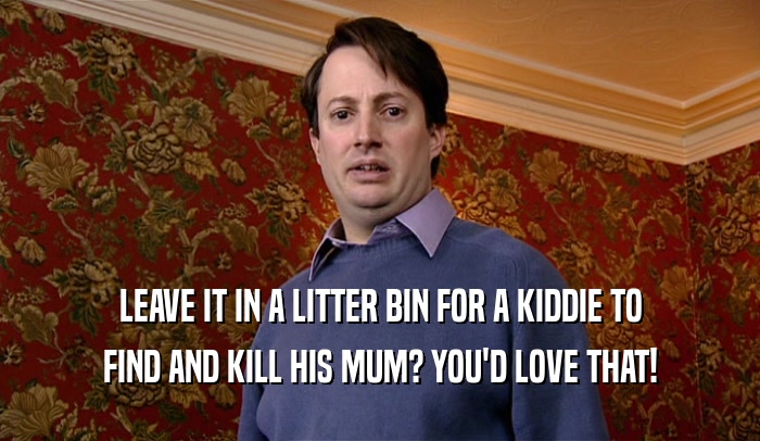 LEAVE IT IN A LITTER BIN FOR A KIDDIE TO FIND AND KILL HIS MUM? YOU'D LOVE THAT! 