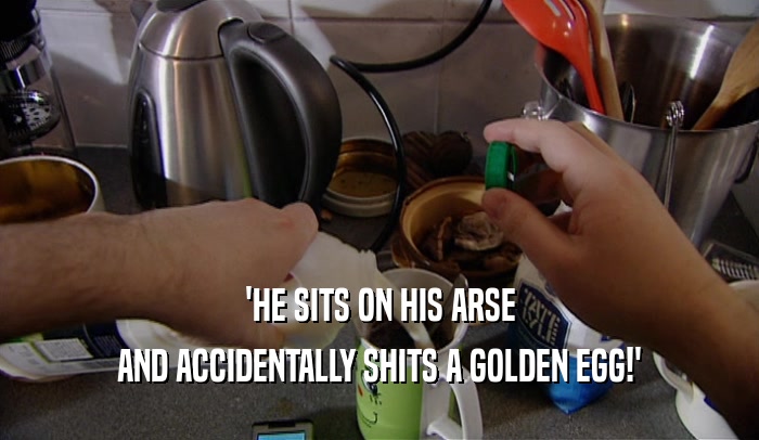 'HE SITS ON HIS ARSE AND ACCIDENTALLY SHITS A GOLDEN EGG!' 