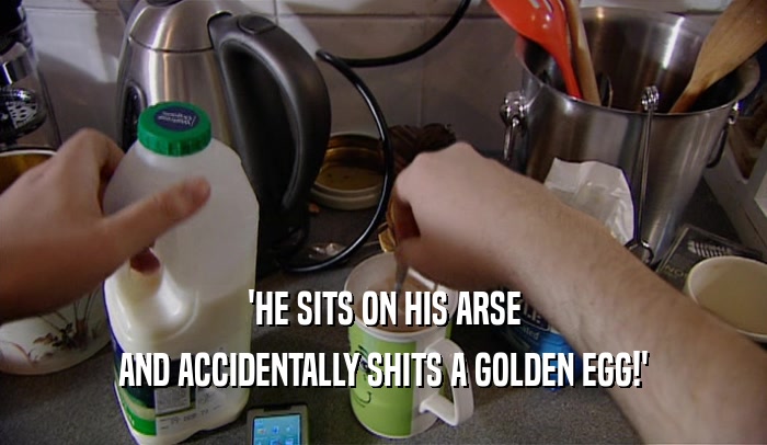 'HE SITS ON HIS ARSE AND ACCIDENTALLY SHITS A GOLDEN EGG!' 