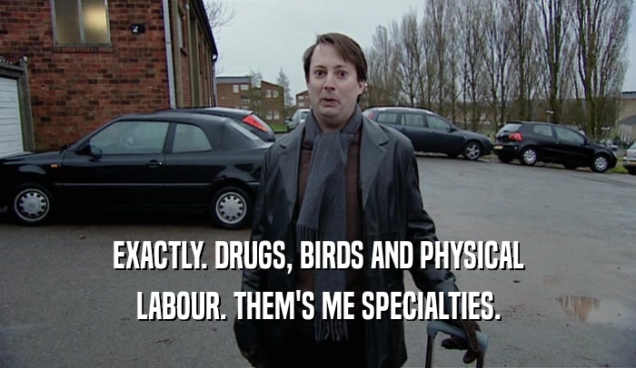 EXACTLY. DRUGS, BIRDS AND PHYSICAL LABOUR. THEM'S ME SPECIALTIES. 