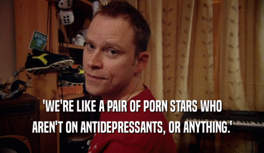 'WE'RE LIKE A PAIR OF PORN STARS WHO AREN'T ON ANTIDEPRESSANTS, OR ANYTHING.' 