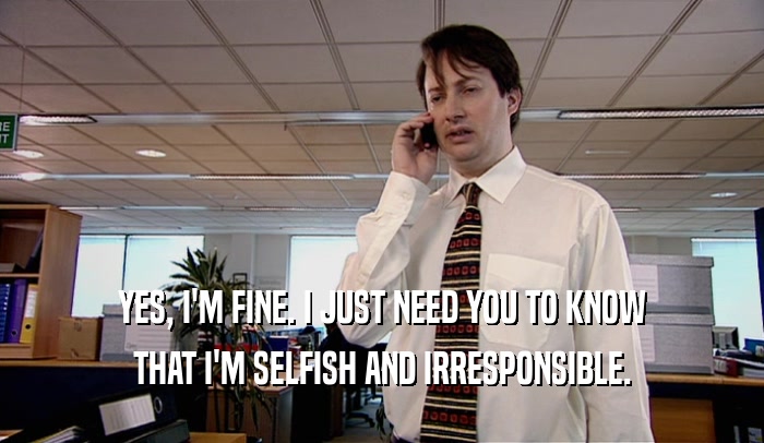 YES, I'M FINE. I JUST NEED YOU TO KNOW THAT I'M SELFISH AND IRRESPONSIBLE. 