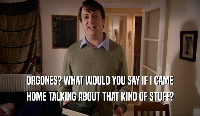 ORGONES? WHAT WOULD YOU SAY IF I CAME HOME TALKING ABOUT THAT KIND OF STUFF? 