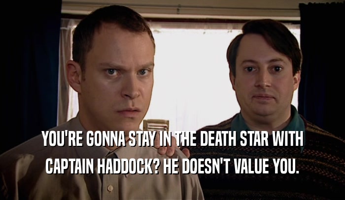 YOU'RE GONNA STAY IN THE DEATH STAR WITH CAPTAIN HADDOCK? HE DOESN'T VALUE YOU. 