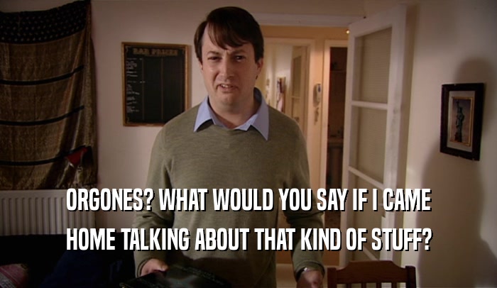 ORGONES? WHAT WOULD YOU SAY IF I CAME HOME TALKING ABOUT THAT KIND OF STUFF? 