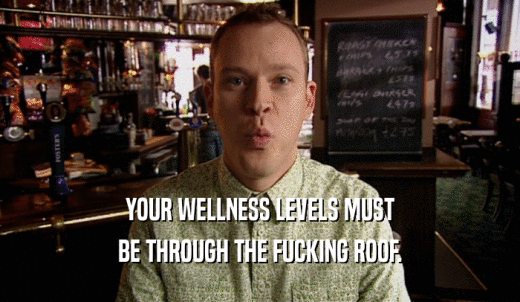 YOUR WELLNESS LEVELS MUST BE THROUGH THE FUCKING ROOF. 