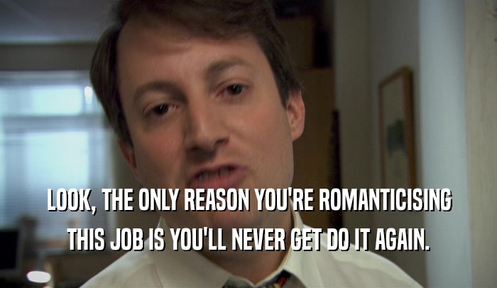 LOOK, THE ONLY REASON YOU'RE ROMANTICISING THIS JOB IS YOU'LL NEVER GET DO IT AGAIN. 