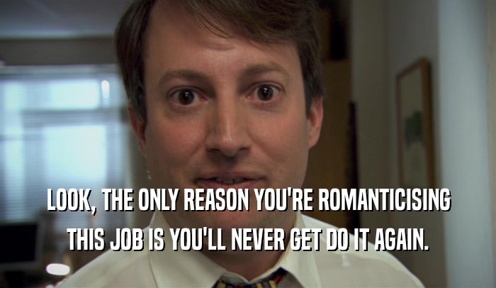 LOOK, THE ONLY REASON YOU'RE ROMANTICISING THIS JOB IS YOU'LL NEVER GET DO IT AGAIN. 
