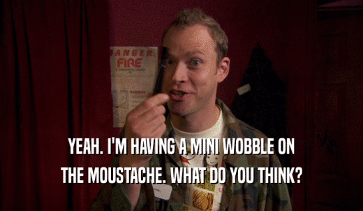 YEAH. I'M HAVING A MINI WOBBLE ON THE MOUSTACHE. WHAT DO YOU THINK? 