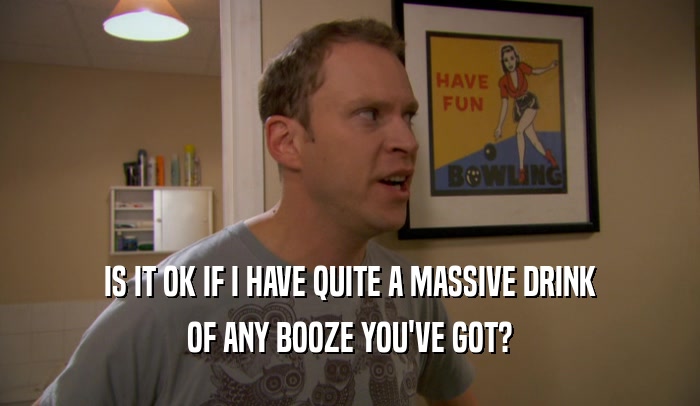 IS IT OK IF I HAVE QUITE A MASSIVE DRINK OF ANY BOOZE YOU'VE GOT? 