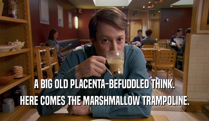A BIG OLD PLACENTA-BEFUDDLED THINK.
 HERE COMES THE MARSHMALLOW TRAMPOLINE.
 