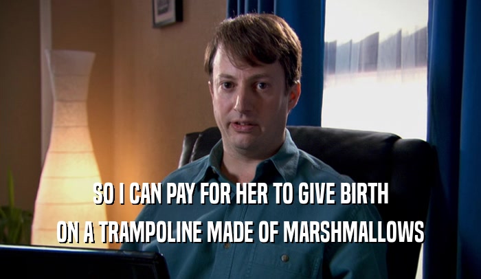 SO I CAN PAY FOR HER TO GIVE BIRTH ON A TRAMPOLINE MADE OF MARSHMALLOWS 