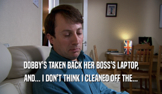 DOBBY'S TAKEN BACK HER BOSS'S LAPTOP, AND... I DON'T THINK I CLEANED OFF THE... 
