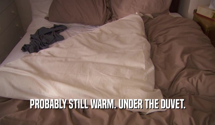 PROBABLY STILL WARM. UNDER THE DUVET.  
